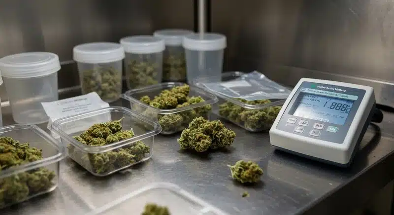 Muestras de cogollos de cannabis organizadas para controles de calidad junto a equipos de medición especializados. 