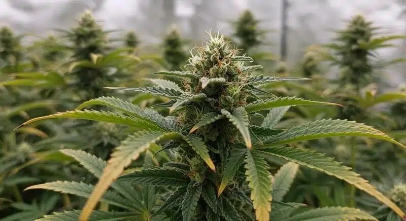 Cogollo principal de Grape Killer Haze Auto en floración avanzada, cubierto de resina y rodeado de flores densas en un cultivo protegido.