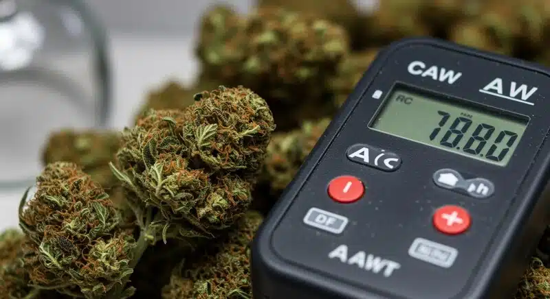 Cogollos de cannabis junto a un medidor de actividad de agua empleado para controlar las condiciones de almacenamiento. Las semillas feminizadas bien conservadas mantienen mejor su capacidad de germinación durante años.