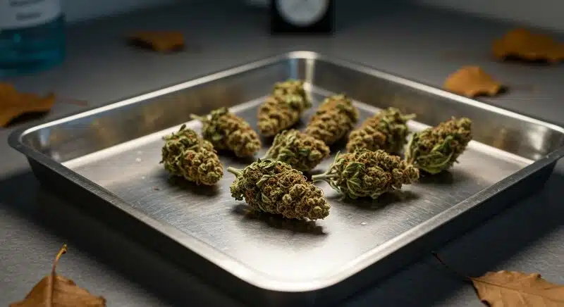 Cogollos de cannabis dispuestos en una bandeja de laboratorio durante un proceso de evaluación y conservación. 