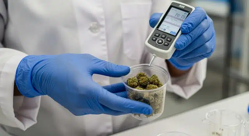 Técnico midiendo parámetros de una muestra de cannabis durante una evaluación de calidad.