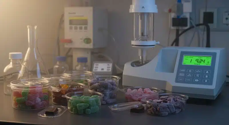 Comestibles de cannabis preparados para pruebas de estabilidad y control de calidad junto a instrumentación analítica. Una piruleta de THC debe fabricarse con extractos estandarizados y procesos precisos.