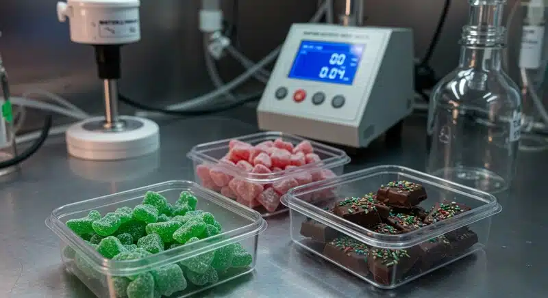 Gomitas y chocolates elaborados con cannabis junto a equipos de control de calidad utilizados para verificar estabilidad y dosificación. 