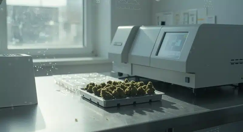 Muestras de cannabis analizadas mediante equipos de control de calidad en un entorno de laboratorio. 