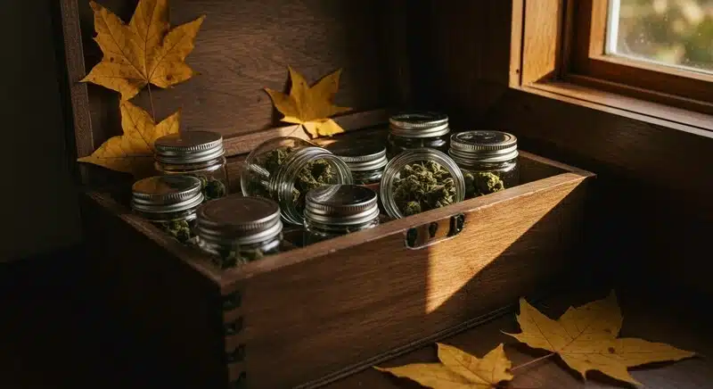 Frascos de cannabis guardados en un lugar oscuro y fresco para evitar la degradación de cannabinoides y preservar aroma, sabor y potencia.