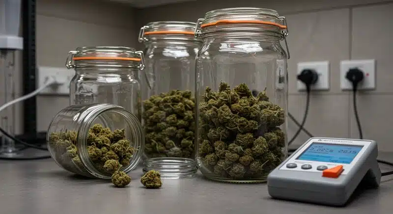 Cogollos de cannabis almacenados en recipientes herméticos junto a un equipo de medición ambiental. Mantener niveles adecuados de humedad, temperatura y protección frente a la luz ayuda a minimizar la degradación tanto del CBD como del THC