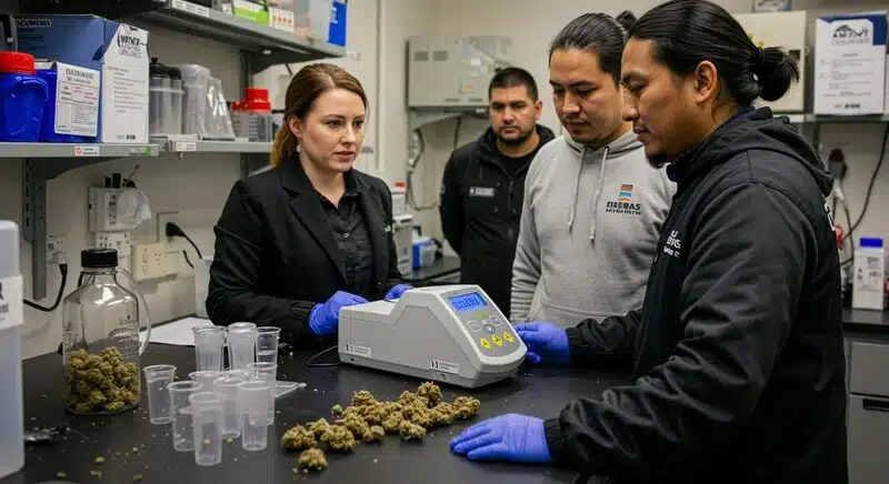 Especialistas revisando muestras de cannabis junto a equipos de medición para evaluar parámetros de conservación. Aplicar métodos para conservar cannabinoides permite mantener la potencia, estabilidad y calidad