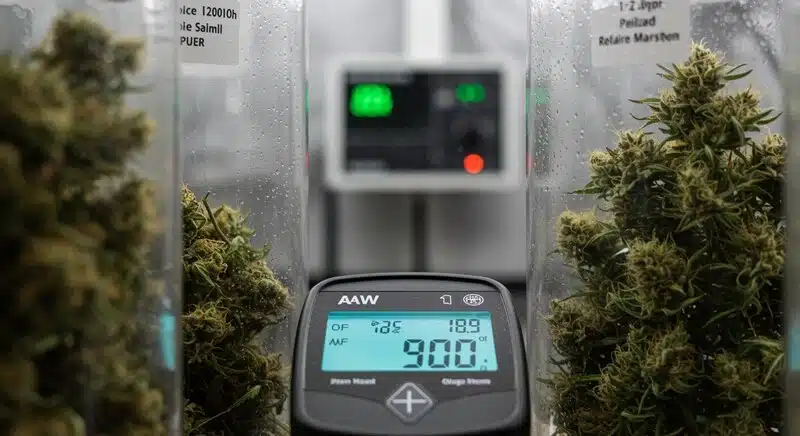 Flores de cannabis en cámaras de análisis junto a un medidor de actividad de agua.