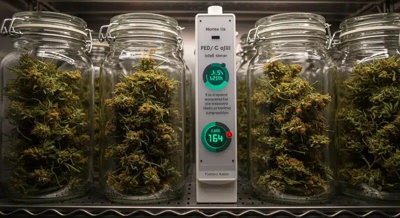 Frascos de cannabis almacenados con control de temperatura y humedad para conservar la potencia del THC, terpenos y cannabinoides durante más tiempo.