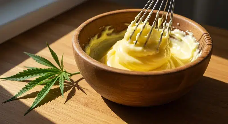 Mantequilla casera batida lista para preparar dulces fáciles con cannabis.