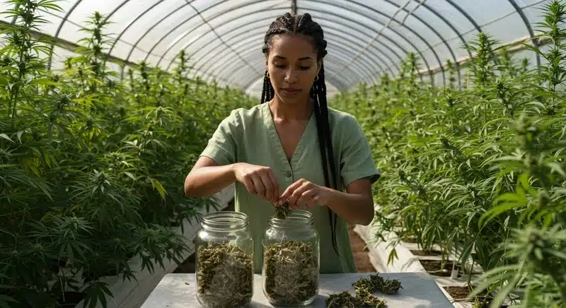 Cultivadora almacenando cannabis en frascos herméticos para comparar si la nevera o el congelador conservan mejor los cannabinoides y terpenos.