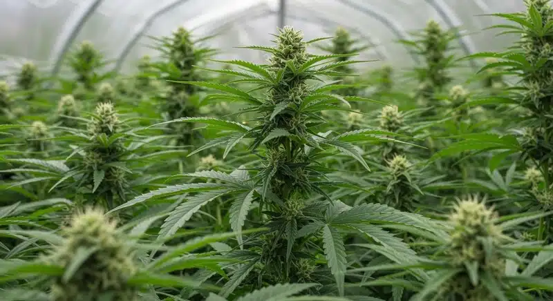 Planta GMO Cookies en fase de floración cultivada en invernadero, con cogollos densos cubiertos de resina y estructura característica de esta genética de alto rendimiento