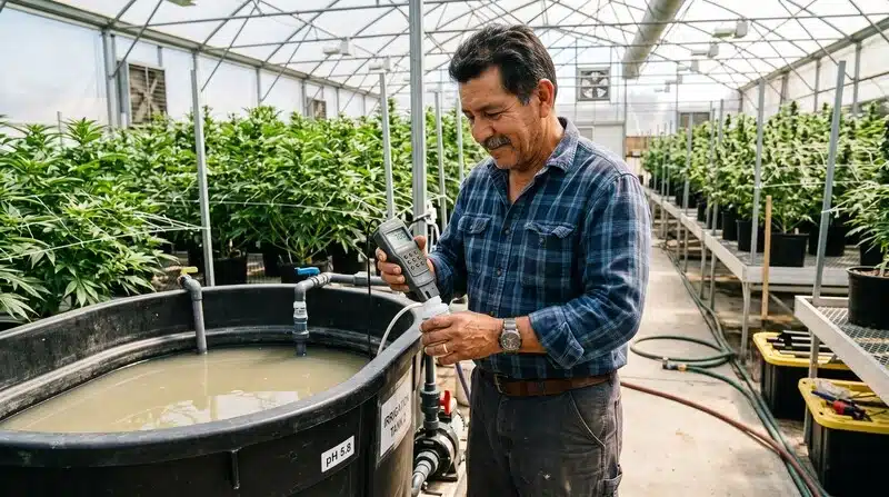 Cultivador midiendo parámetros de riego y calidad del agua en un cultivo de Gelato Fast Version dentro de un invernadero profesional