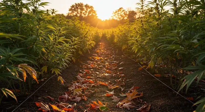 Cultivo de Gold Leaf en exterior al atardecer, con filas de plantas saludables creciendo en campo abierto bajo condiciones naturales.