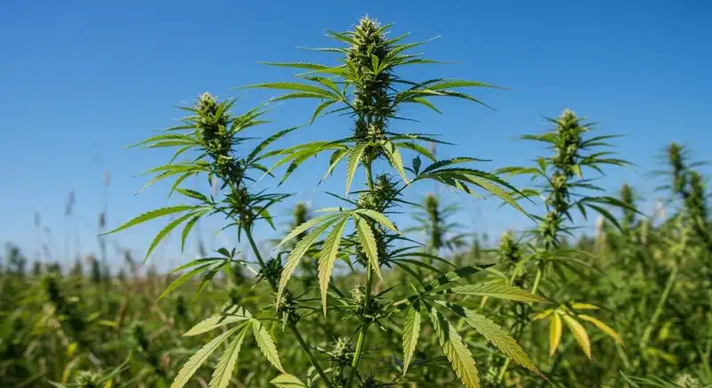 Planta de Gelato x Kosher Kush cultivada en exterior con estructura alta durante las primeras semanas de floración.