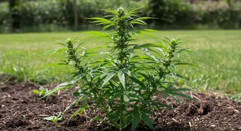 Planta de Gelato x Rosetta Stone cultivada en exterior durante la floración temprana, estructura compacta y múltiples puntos de desarrollo floral.