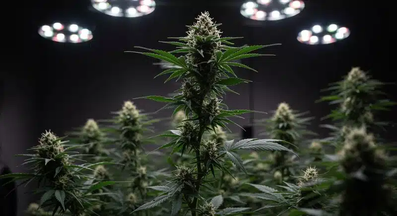 Planta GG x Do-Si-Dos en floración cultivada bajo iluminación LED, colas principales densas y abundante formación de tricomas en un entorno interior.