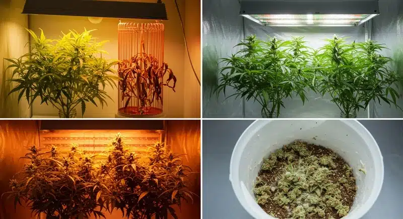 Comparación visual de cultivos y flores de cannabis expuestos a diferentes condiciones de luz, calor y humedad que aceleran la degradación de cannabinoides y terpenos.
