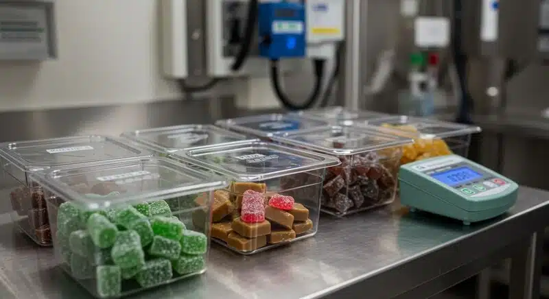 Recipientes con diversos comestibles de cannabis preparados para evaluación en un entorno de laboratorio especializado. La producción de conos de caramelo con marihuana exige controlar la distribución homogénea de THC