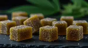 Dulces con tricomas de cannabis recubiertos de azúcar para comestibles infusionados.