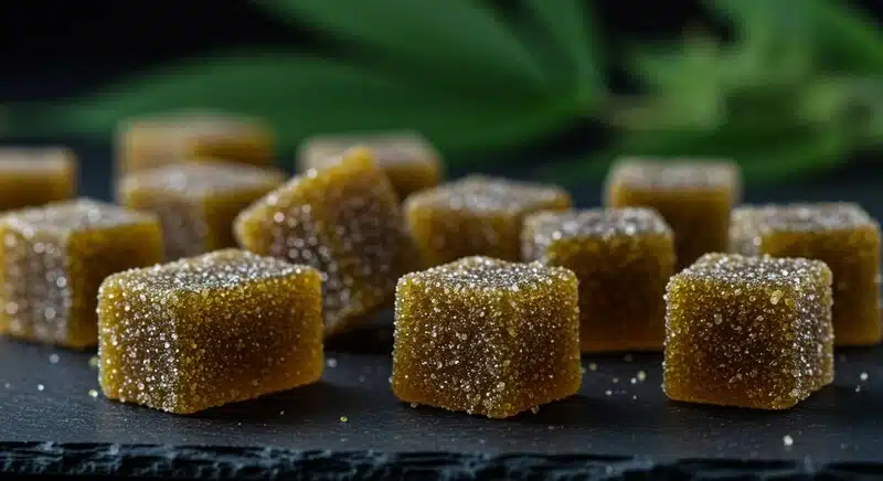 Dulces con tricomas de cannabis recubiertos de azúcar para comestibles infusionados.