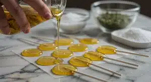 Piruleta comestible de cannabis con jarabe infusionado vertido en moldes individuales.