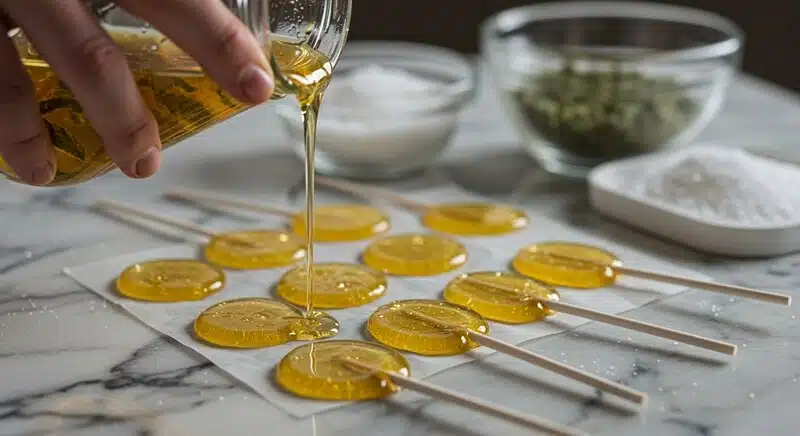 Piruleta comestible de cannabis con jarabe infusionado vertido en moldes individuales.