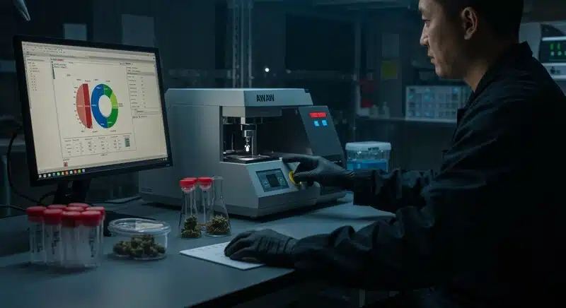 Técnico analizando muestras de cannabis mediante instrumentación de laboratorio y software de control. 