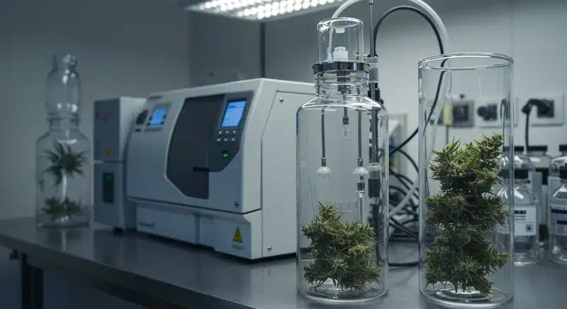 Equipos de laboratorio y flores de cannabis utilizados para analizar cuánto duran los cannabinoides y cómo afectan la luz, el aire y la temperatura a su estabilidad.
