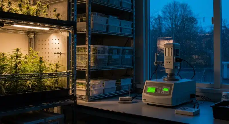 Área de almacenamiento y cultivo controlado con equipos de monitorización ambiental y estanterías especializadas. 