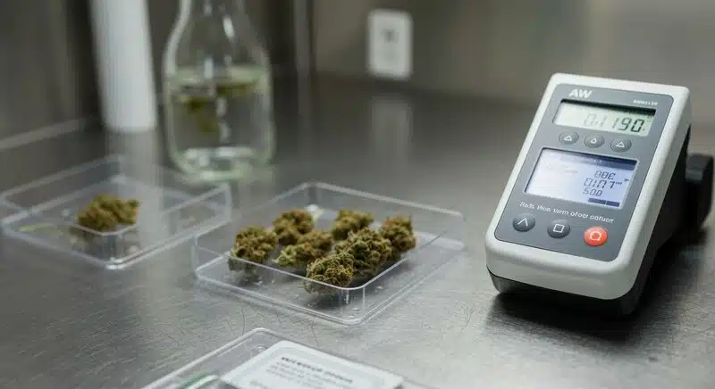 Muestras de cannabis junto a un medidor de actividad de agua utilizado para controlar parámetros de conservación.
