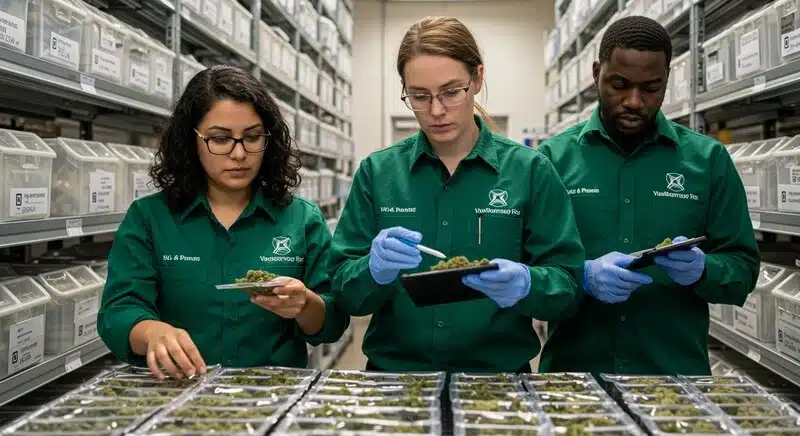 Técnicos inspeccionando muestras de cannabis almacenadas en una instalación de conservación y control de calidad. 