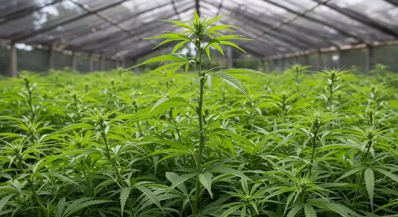 Plantas de Fire OG creciendo en invernadero bajo condiciones controladas, mostrando estructura alargada, follaje abundante y desarrollo uniforme en cultivo profesional de cannabis.