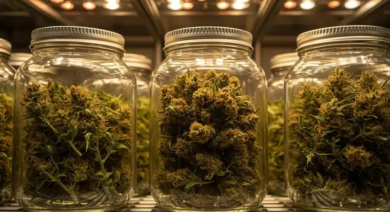 Frascos con flores de cannabis almacenadas en condiciones controladas para estudiar la estabilidad química de cannabinoides y la conservación de potencia y terpenos.