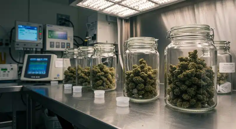 Genéticas de cannabis con larga vida útil almacenadas en frascos herméticos bajo condiciones controladas.