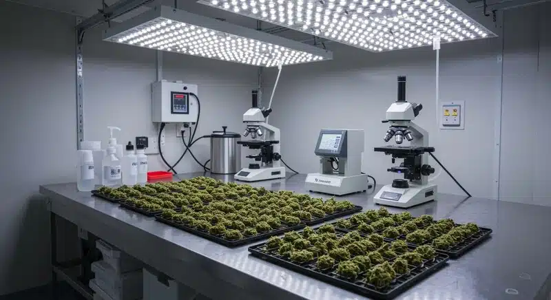 Bandejas con flores de cannabis preparadas para análisis de estabilidad y conservación en un entorno de laboratorio. 