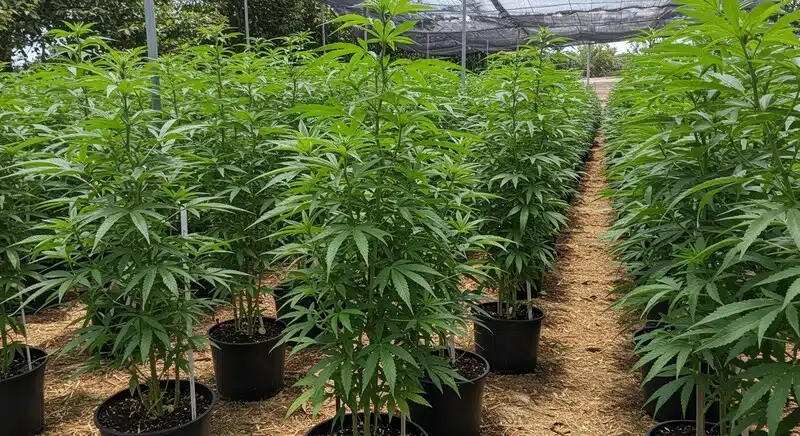 Cultivo de Forbidden Zkittlez en invernadero con plantas de cannabis altas y frondosas en fase vegetativa.