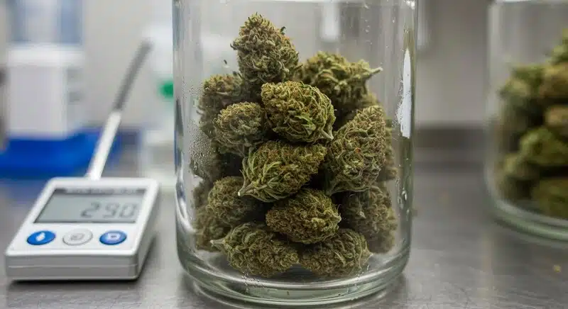 Mejores variedades de cannabis para almacenamiento prolongado conservadas en frascos de vidrio con humedad controlada.