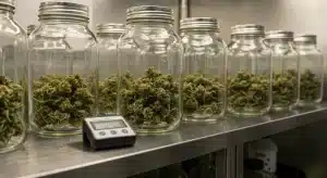 ¿El CBD se degrada igual que el THC? Cogollos de cannabis almacenados en frascos con control de humedad.