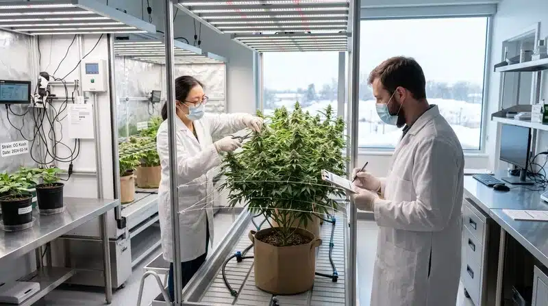 Planta de G13 Auto cultivada en interior bajo iluminación LED siendo evaluada por técnicos durante una inspección de crecimiento y floración