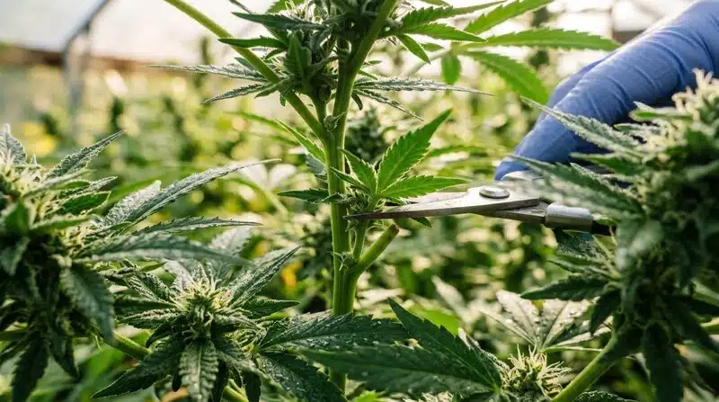 Poda selectiva de una planta G13 Auto durante la floración para mejorar la penetración de luz y el desarrollo de cogollos.