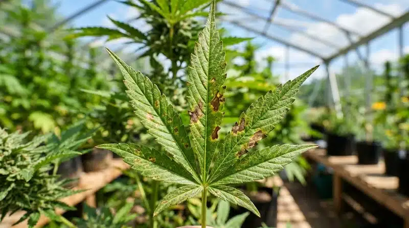 Hoja de G13 x Nebula con síntomas de estrés o deficiencia nutricional durante el cultivo en invernadero.