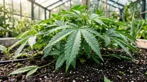 Planta joven de G13 x OG Kush creciendo en invernadero con hojas verdes saludables y excelente desarrollo estructural.