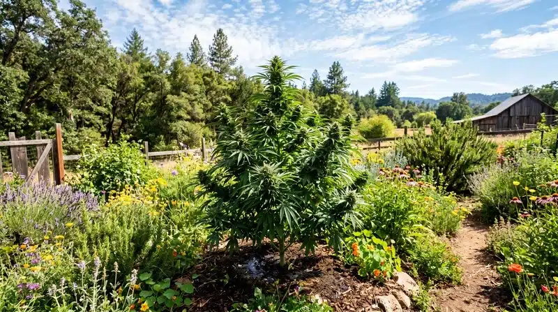 Planta de G13 x OG Kush cultivada en exterior con una estructura robusta y abundante desarrollo vegetativo en un jardín de cultivo orgánico.