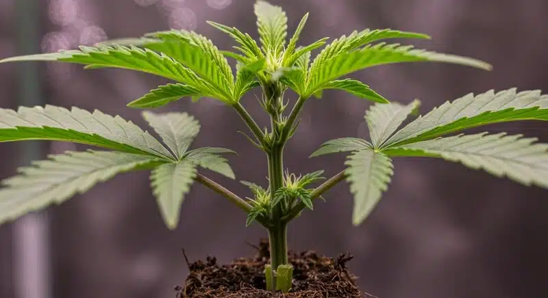 Planta joven de GG4 x Pellezino Regular desarrollándose en un entorno de cultivo protegido.