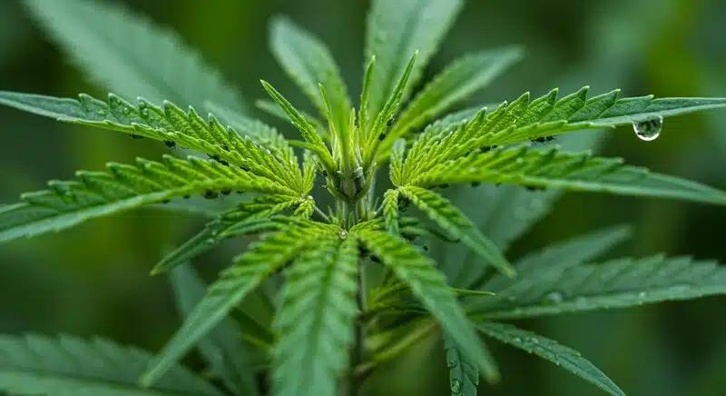 Planta GG4 x Z OG en crecimiento vegetativo, hojas verdes saludables cubiertas por gotas de agua y una estructura compacta característica de esta genética híbrida.
