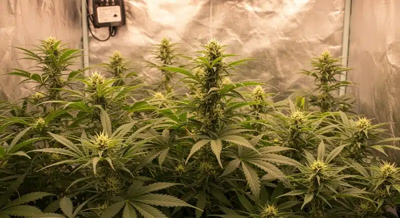Plantas GG4 x Z OG floreciendo en interior con una estructura equilibrada y abundante producción de flores cubiertas de tricomas. Esta genética destaca por su rendimiento y excelente formación de cogollos.