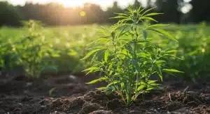 Planta joven de GMO Cookies creciendo al aire libre bajo luz solar natural con desarrollo vegetativo saludable.