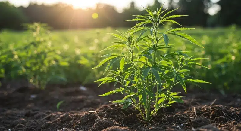 Planta joven de GMO Cookies creciendo al aire libre bajo luz solar natural con desarrollo vegetativo saludable.