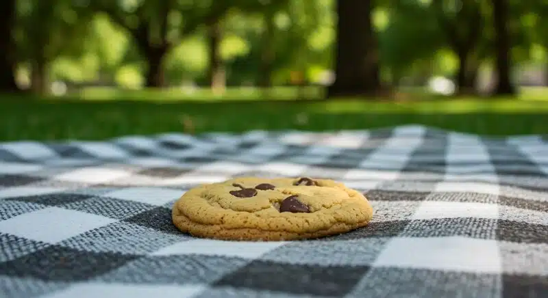 Galleta casera preparada con mantequilla de cannabis sobre una manta de picnic al aire libre. Las recetas con cannabutter son una de las formas más populares de elaborar comestibles.
